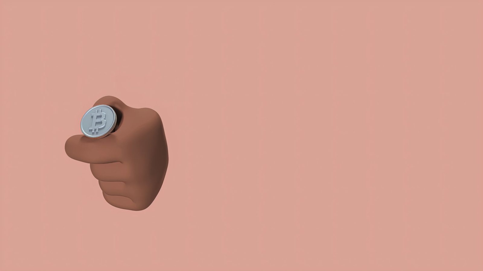 3D-rendered hand holding a Bitcoin coin on a beige background, with copy space.