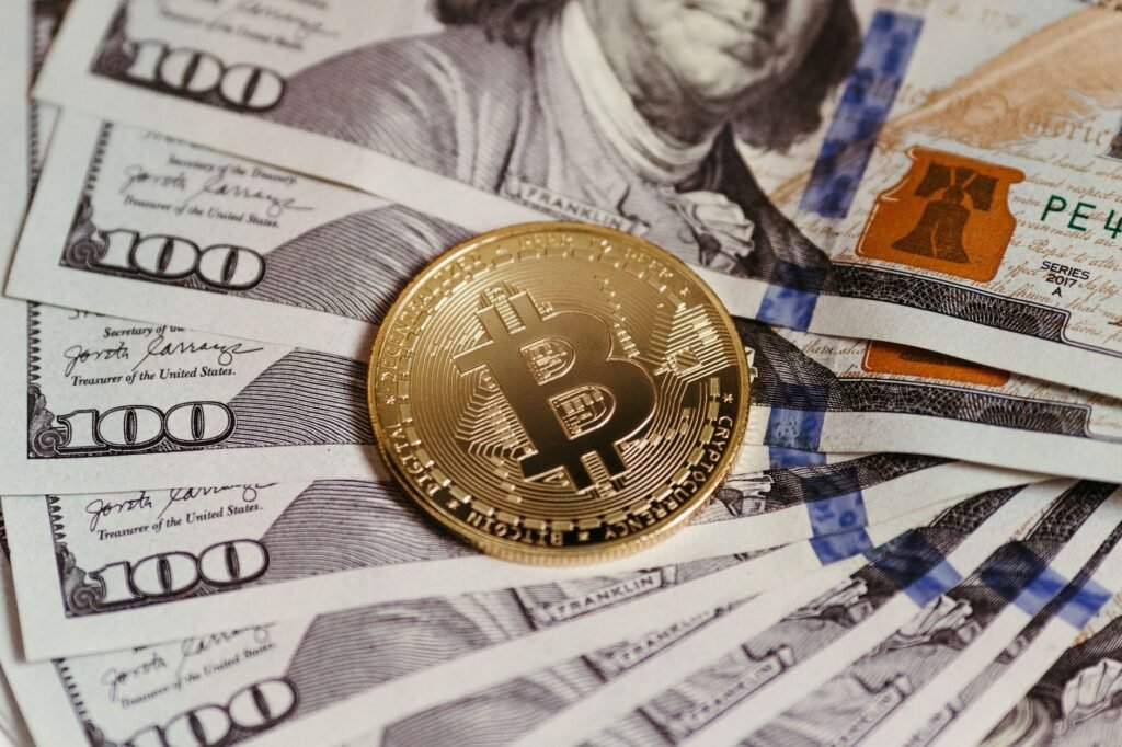 An AI agent interacting with digital currency on a futuristic interface
