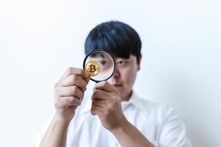 Artificial intelligence tools analyzing cryptocurrency data with a magnifying glass over a blockchain network