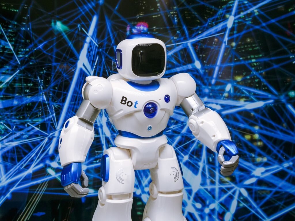 An illustration of an advanced AI agent interacting with digital assets and cryptocurrency interfaces.