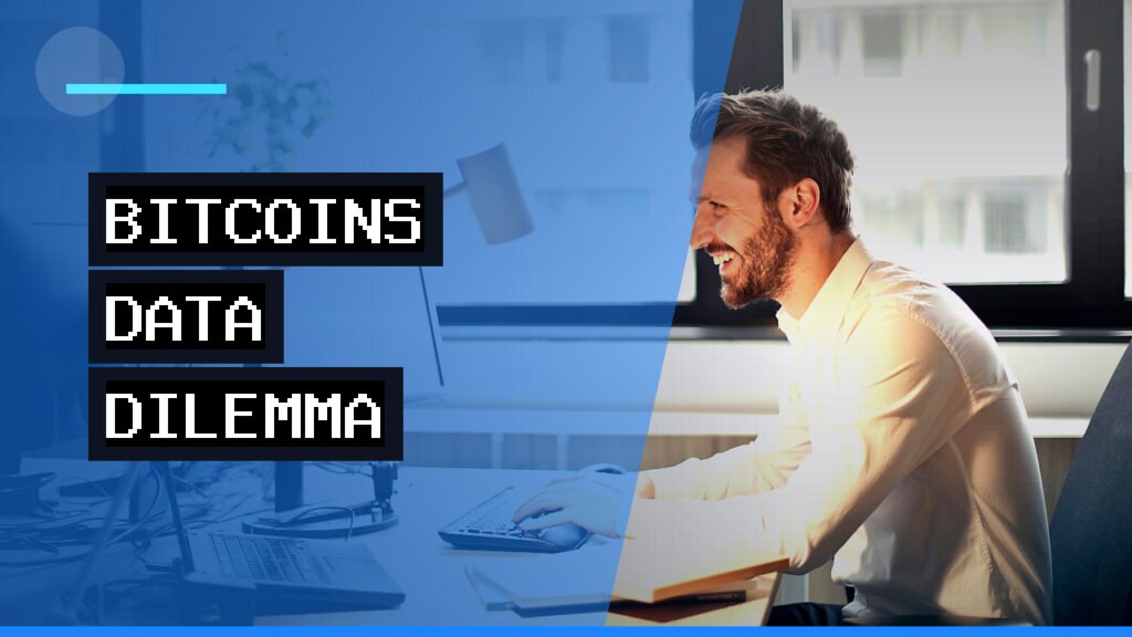 A thoughtful man looking at a screen displaying abstract blockchain data, representing the complex debate around data neutrality on the Bitcoin network.