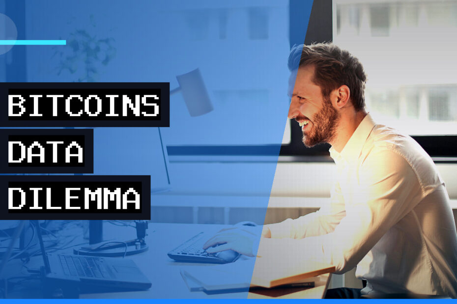 A thoughtful man looking at a screen displaying abstract blockchain data, representing the complex debate around data neutrality on the Bitcoin network.