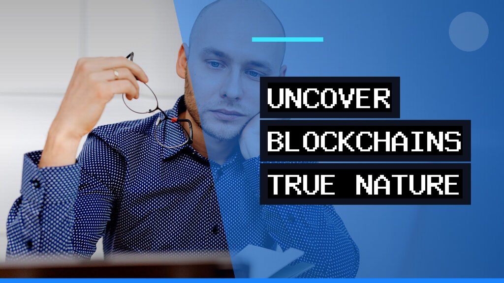 A pensive professional looking at a digital screen, contemplating the complex principles behind blockchain technology.
