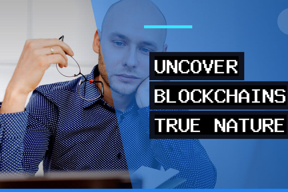 A pensive professional looking at a digital screen, contemplating the complex principles behind blockchain technology.