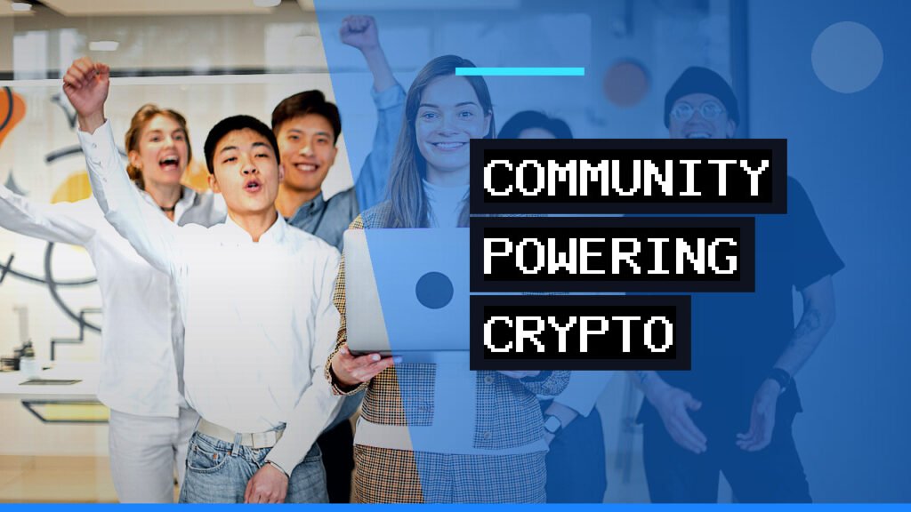 A diverse group of professionals discussing and collaborating around a digital display showing blockchain network data and charts, symbolizing community governance.