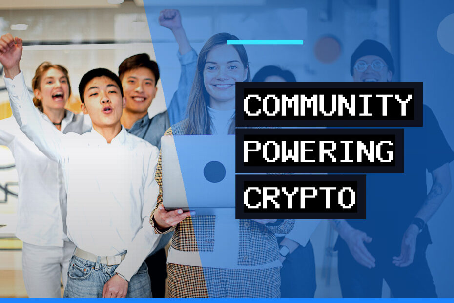 A diverse group of professionals discussing and collaborating around a digital display showing blockchain network data and charts, symbolizing community governance.