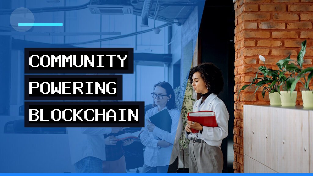 Diverse group of professionals collaborating around a digital interface displaying blockchain data, looking engaged and optimistic