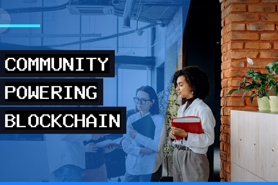 Diverse group of professionals collaborating around a digital interface displaying blockchain data, looking engaged and optimistic