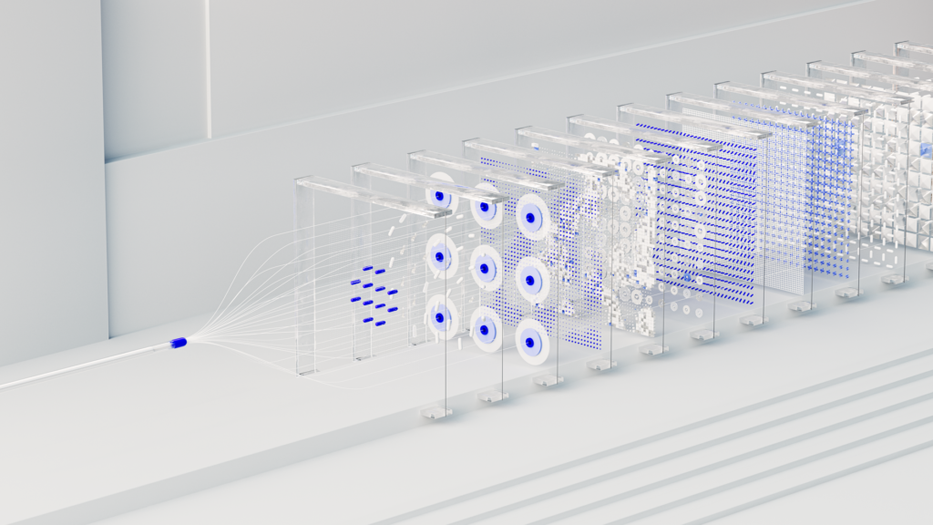 Abstract representation of AI processing data feeds within a blockchain network, highlighting interconnectedness and potential points of failure.
