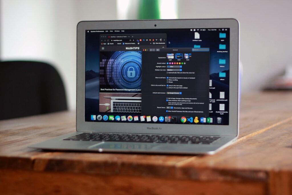 Illustration of a secure digital wallet on a macOS laptop, protected by a shield icon, with a blurred Telegram interface in the background.