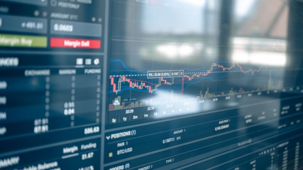 Artificial intelligence analyzing tokenized equity market data on a blockchain interface, representing advanced financial analytics.