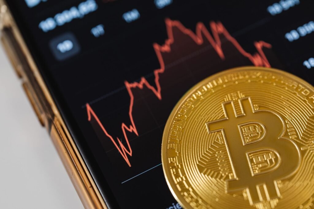 A visual metaphor of a bridge connecting digital assets (represented by blockchain elements) and traditional financial markets (represented by stock charts and financial buildings).