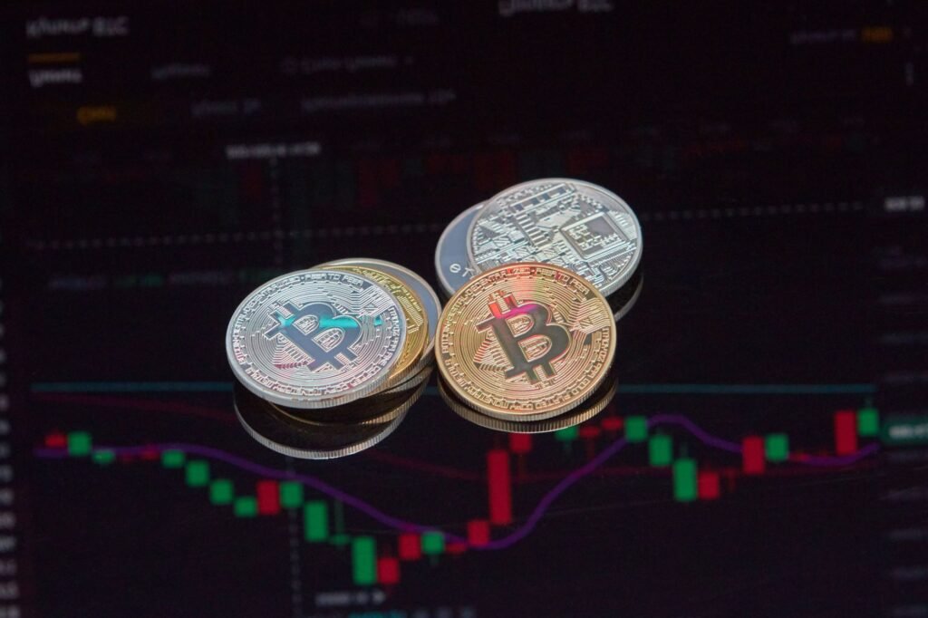 Digital representation of a bridge connecting traditional finance symbols with blockchain and cryptocurrency icons, illustrating tokenized assets bridging DeFi and TradFi.