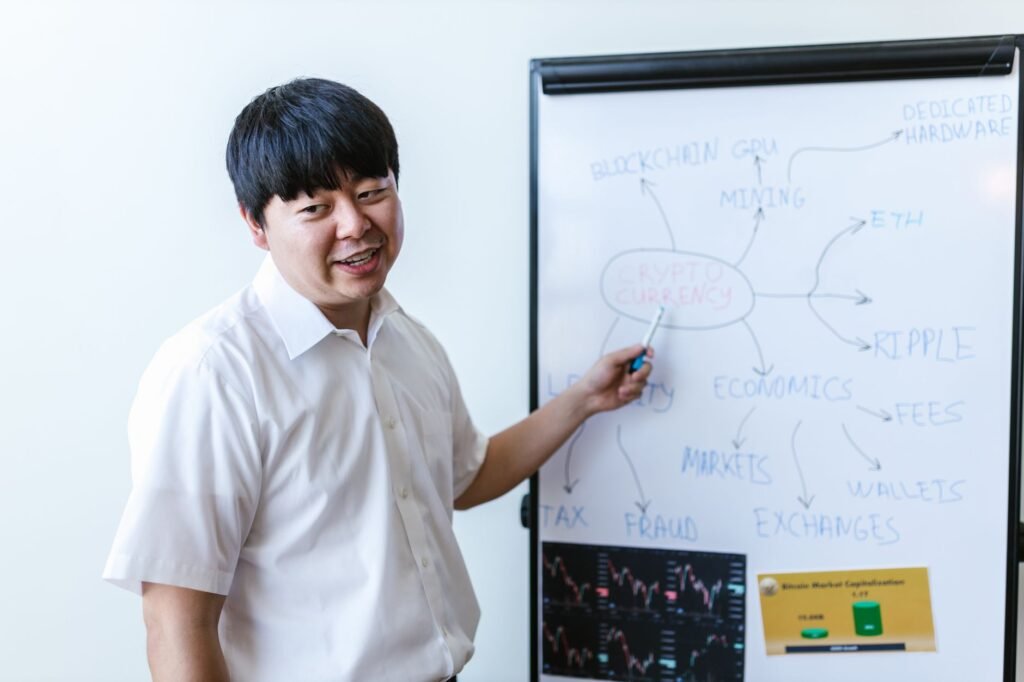 A person efficiently managing multiple screens displaying crypto market data, news feeds, and research documents, symbolizing streamlined digital asset research and enhanced productivity.
