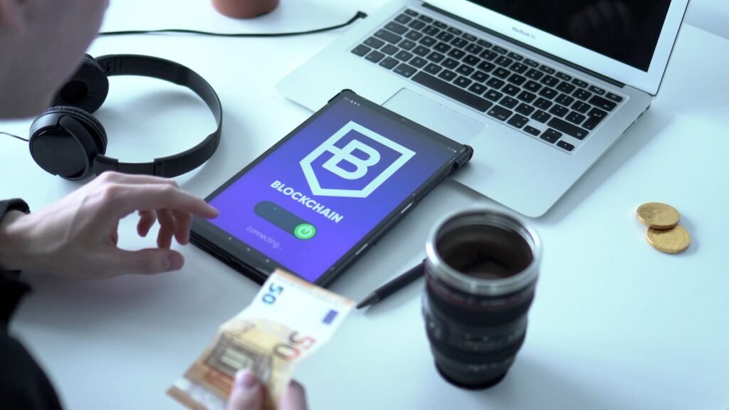 Illustration of stablecoins facilitating fast corporate cross-border payments on a blockchain network