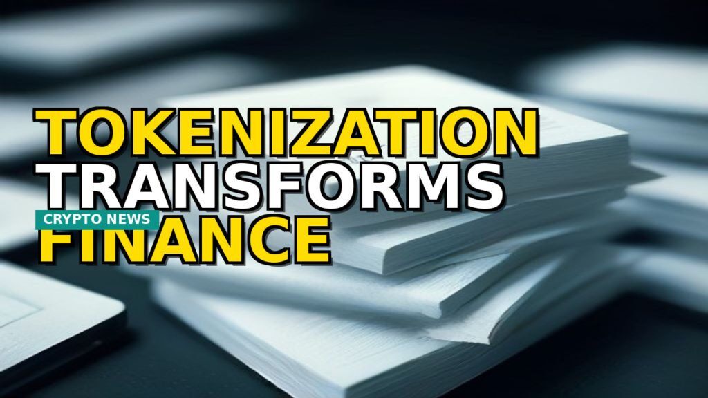 Digital representation of a tokenized stock certificate transforming into a glowing blockchain token, with AI neural network patterns in the background, symbolizing the future of finance.