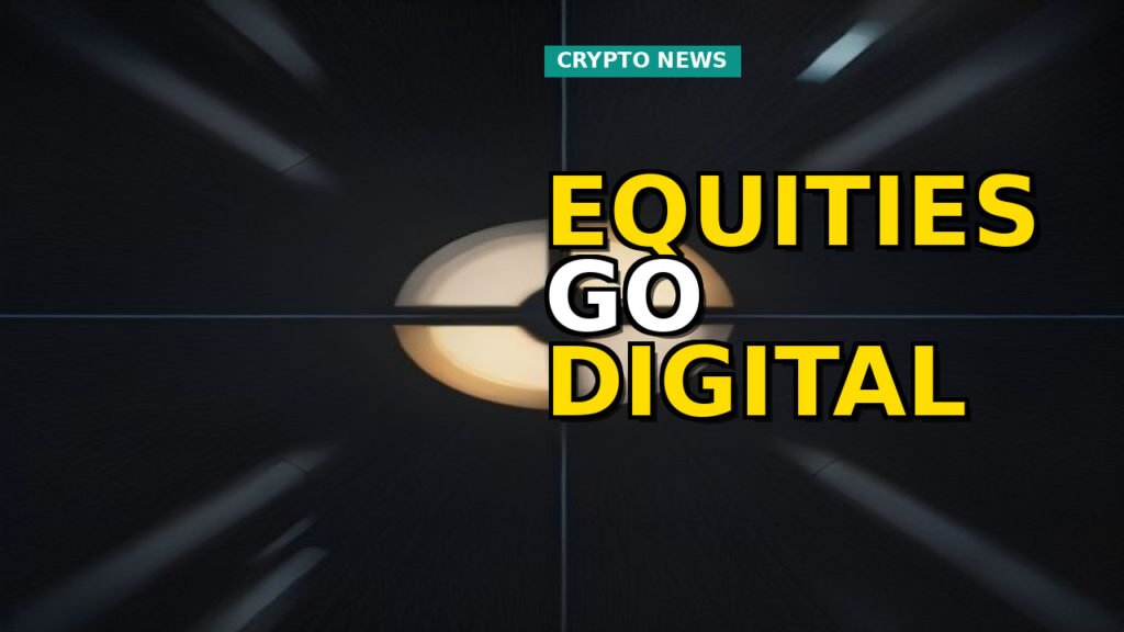 A dynamic visual representing the rapid growth of tokenized equities, with digital charts ascending rapidly, intertwined with traditional stock market symbols and blockchain elements.
