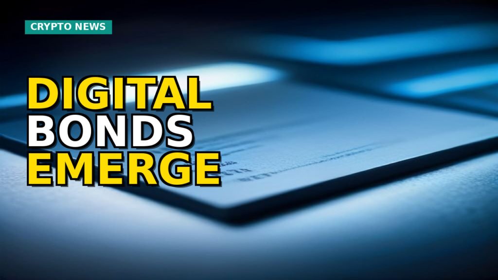 Digital bond integrating into blockchain with legal documents and market charts in the background, representing crypto's complex evolution.