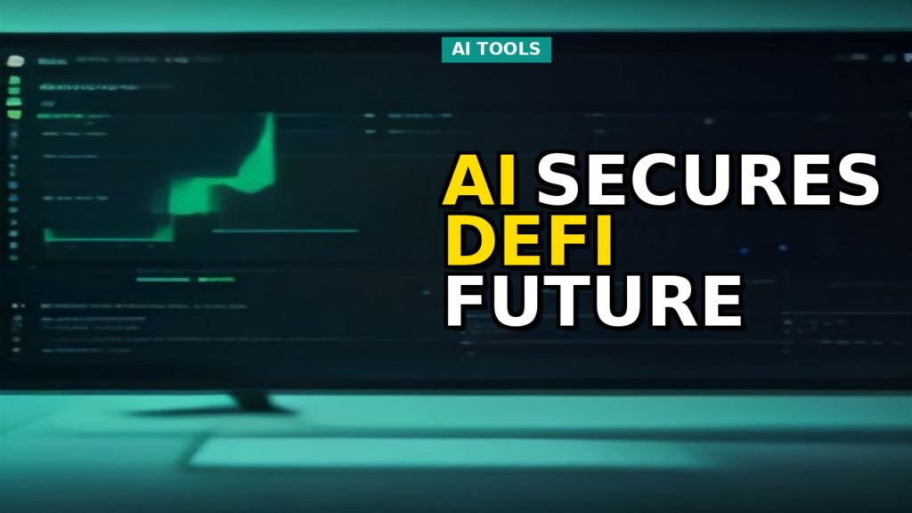 Abstract representation of AI protecting a decentralized finance network with data streams and a shield icon