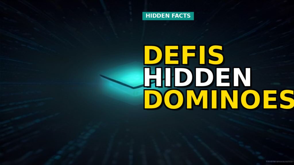 Abstract representation of dominoes falling across a blockchain network, symbolizing a DeFi exploit chain reaction caused by hidden vulnerabilities.