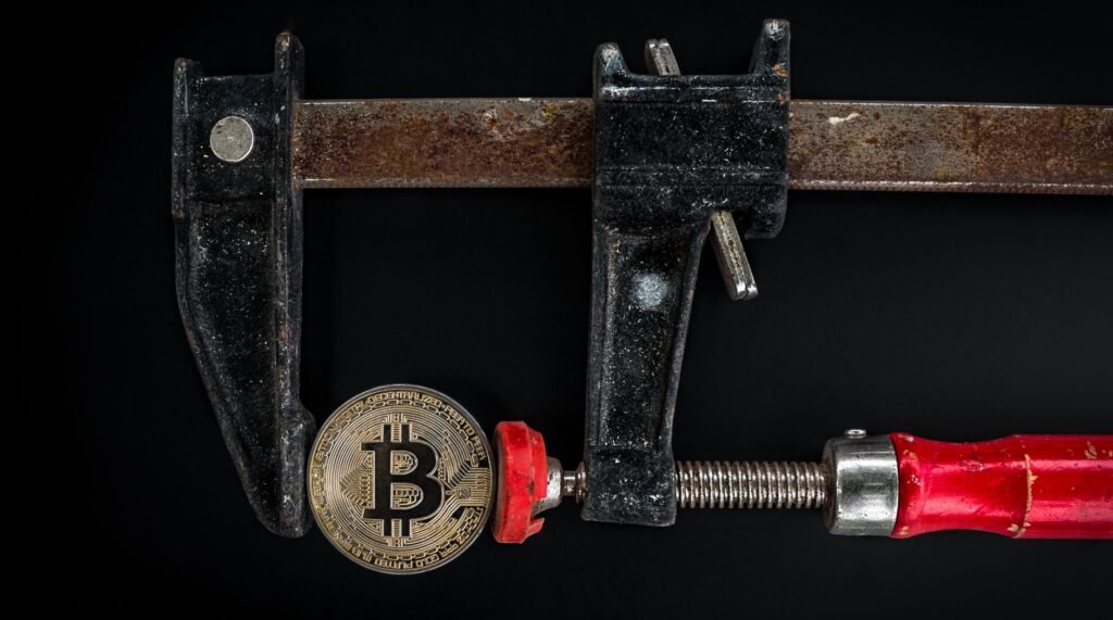 Abstract depiction of AI protecting blockchain and crypto operations with a shield icon.