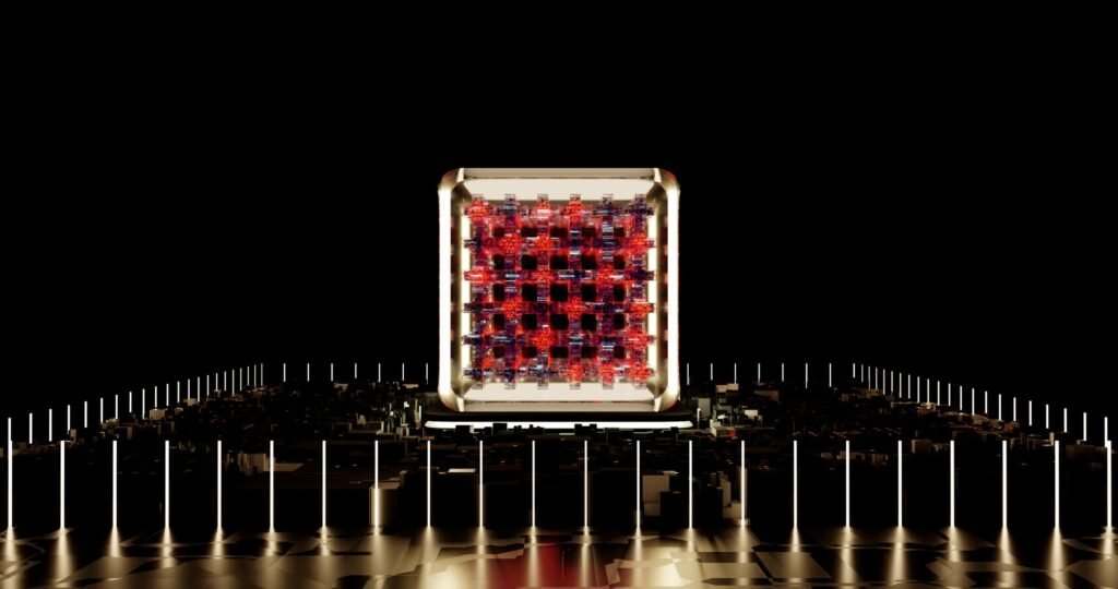 Abstract digital shield protecting a blockchain network, symbolizing AI-enhanced crypto security.