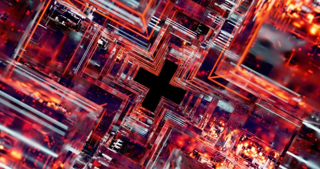 Abstract representation of a blockchain network being secured against quantum computing threats, with glowing lines and nodes.