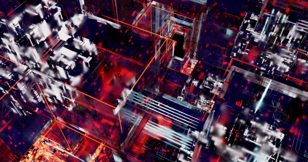 Abstract representation of AI algorithms optimizing crypto mining operations within a complex digital network.