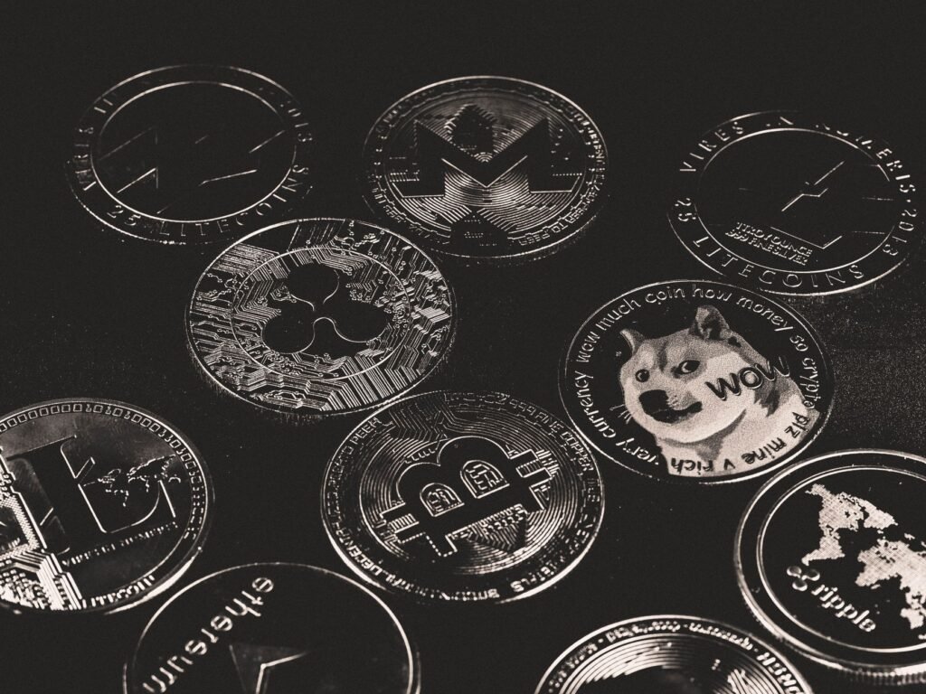 Abstract representation of AI optimizing diverse crypto portfolios with interconnected nodes and data streams
