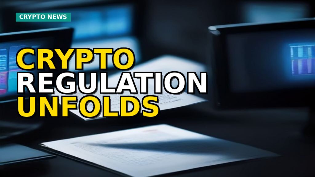 A 3D visualization representing the interconnectedness of digital assets and regulatory frameworks in the crypto market, with subtle upward financial trends.