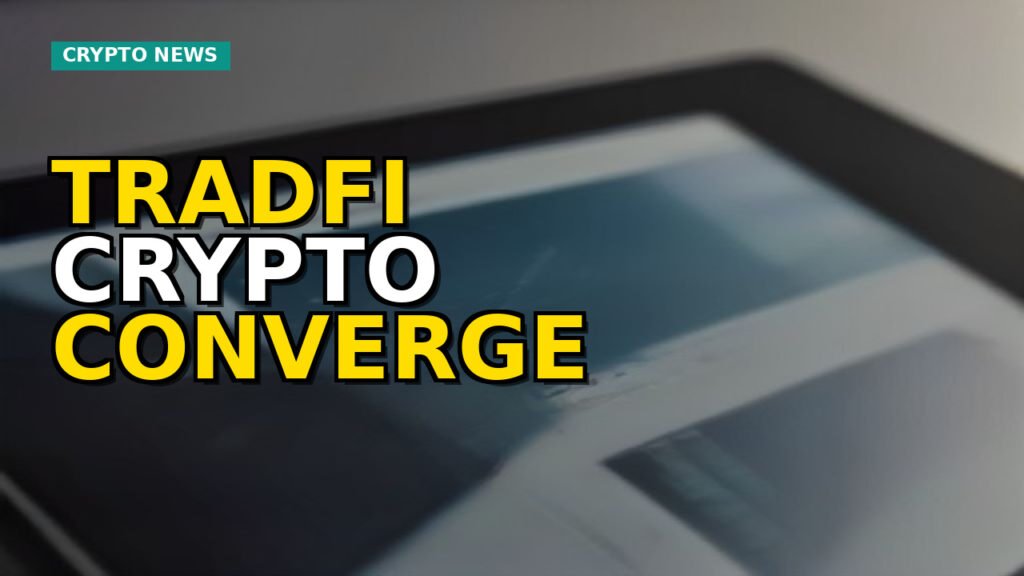 Digital ledger intersecting traditional financial charts with a legal scale, symbolizing crypto's institutional and regulatory convergence.