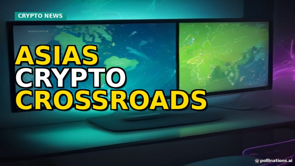 Digital map of Asia highlighting Singapore, South Korea, and China with crypto-related symbols, showing economic growth and surveillance concepts in the digital asset space.
