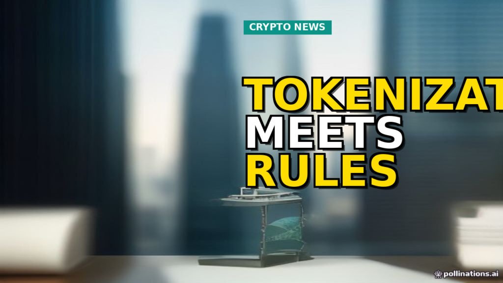 A visual metaphor showing tokenized assets on one side of a scale and legal documents on the other, representing the balance between innovation and regulation in the crypto space.