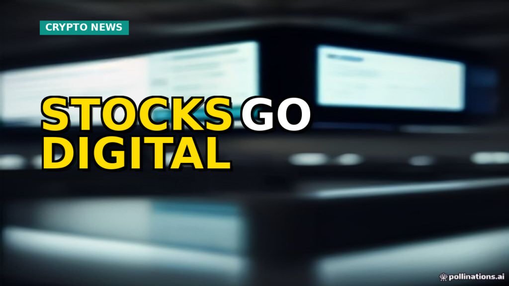 A digital bridge connecting a traditional stock exchange to a blockchain network, with a clock face showing fast time, representing tokenized stocks and Zcash's faster blocks.
