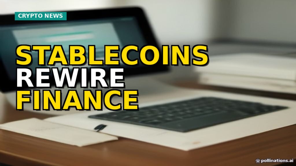 Stablecoin flowing into traditional finance infrastructure with bank and enterprise software.