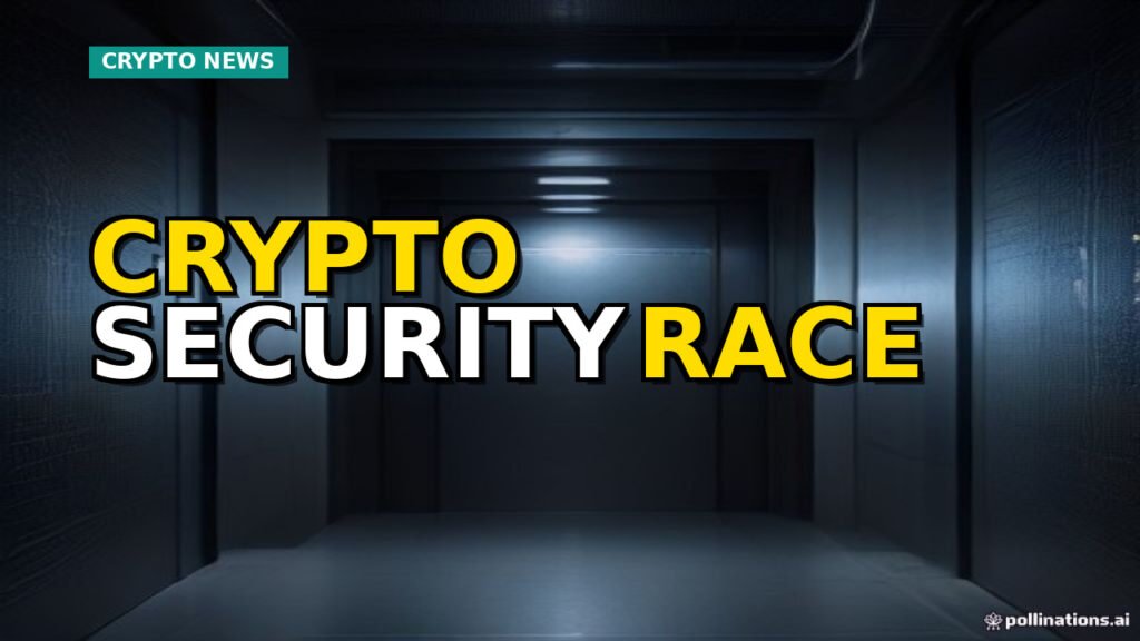 Conceptual image showing a secure blockchain network intertwined with abstract representations of AI and quantum computing, symbolizing crypto's dual focus on institutional integration and security challenges.