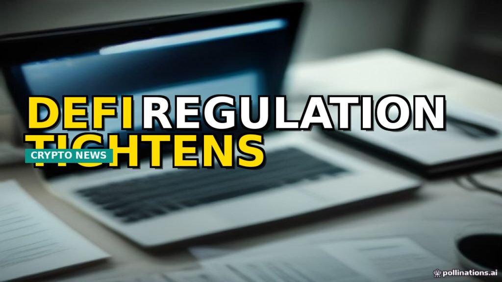 A symbolic image of crypto regulation, featuring a document with digital patterns and a balance scale.