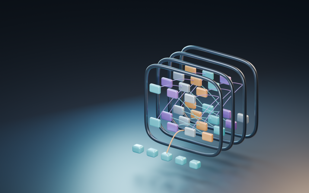 Abstract visualization of AI processing data flows in a blockchain network